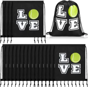 Pinkunn 20 Pcs Tennis Party Favor Bag Tennis Backpack Sport Drawstring Bag for Team Group Teacher Gift(17 Inch,Black)