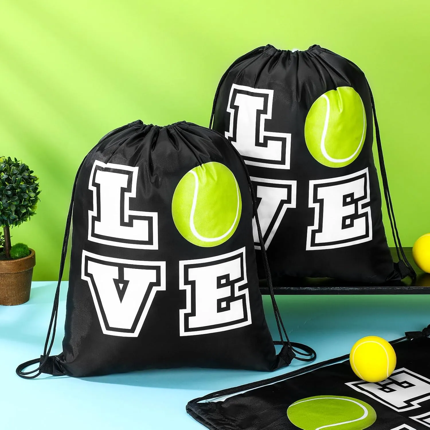 Pinkunn 20 Pcs Tennis Party Favor Bag Tennis Backpack Sport Drawstring Bag for Team Group Teacher Gift(17 Inch,Black)