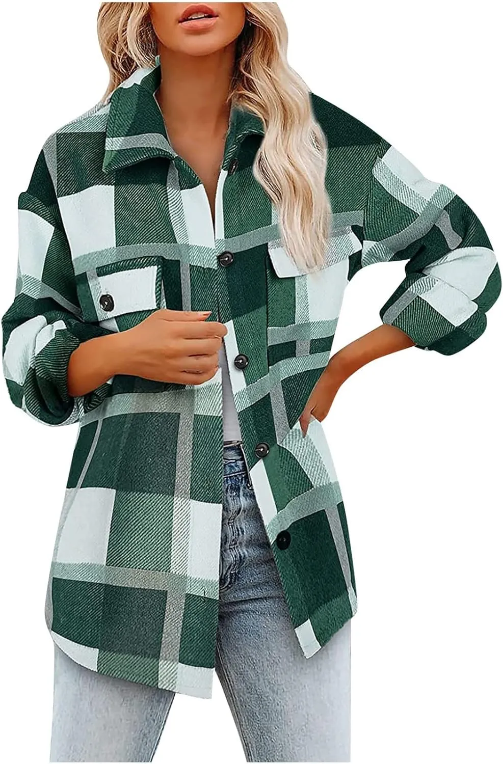 Plaid Shacket Jackets For Women Trendy 2023 Casual Oversized Flannel Shirts Long Sleeve Button Down Shirt Coats