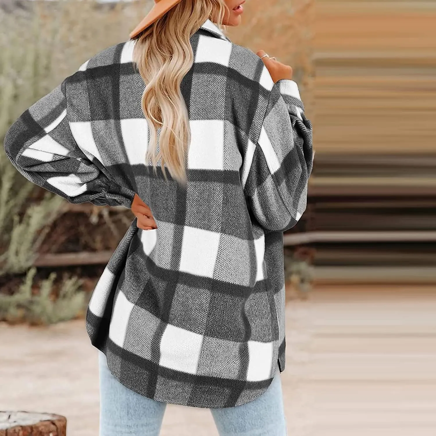Plaid Shacket Jackets For Women Trendy 2023 Casual Oversized Flannel Shirts Long Sleeve Button Down Shirt Coats