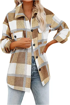 Plaid Shacket Jackets For Women Trendy 2023 Casual Oversized Flannel Shirts Long Sleeve Button Down Shirt Coats