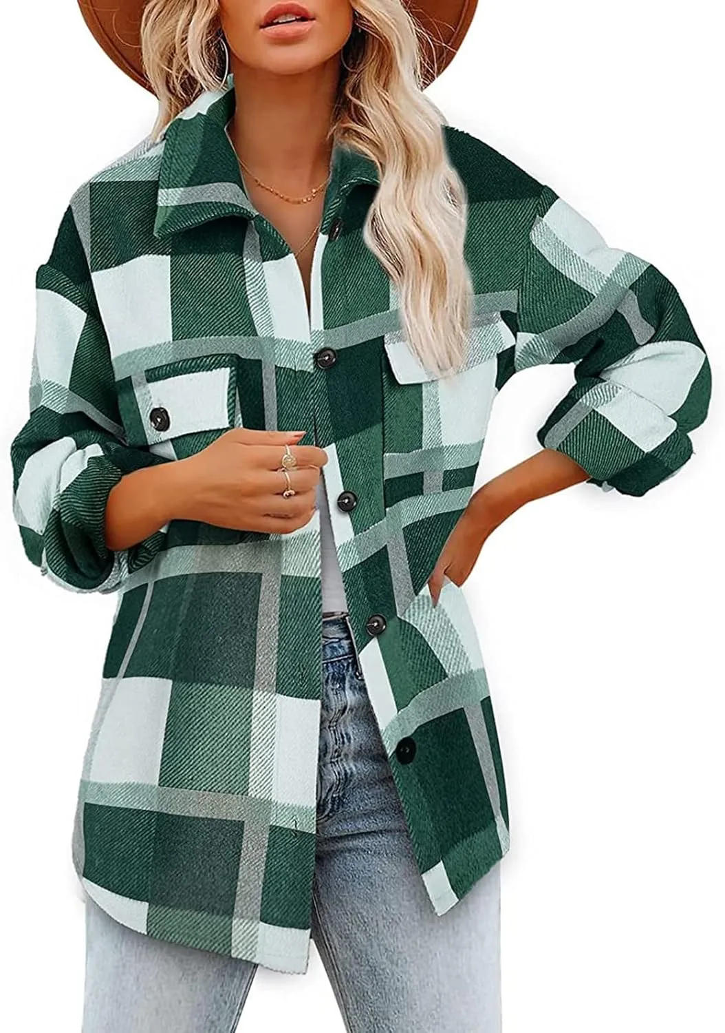 Plaid Shacket Jackets For Women Trendy 2023 Casual Oversized Flannel Shirts Long Sleeve Button Down Shirt Coats