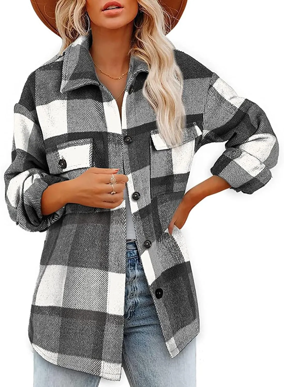 Plaid Shacket Jackets For Women Trendy 2023 Casual Oversized Flannel Shirts Long Sleeve Button Down Shirt Coats