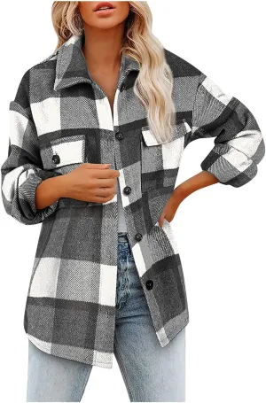 Plaid Shacket Jackets For Women Trendy 2023 Casual Oversized Flannel Shirts Long Sleeve Button Down Shirt Coats