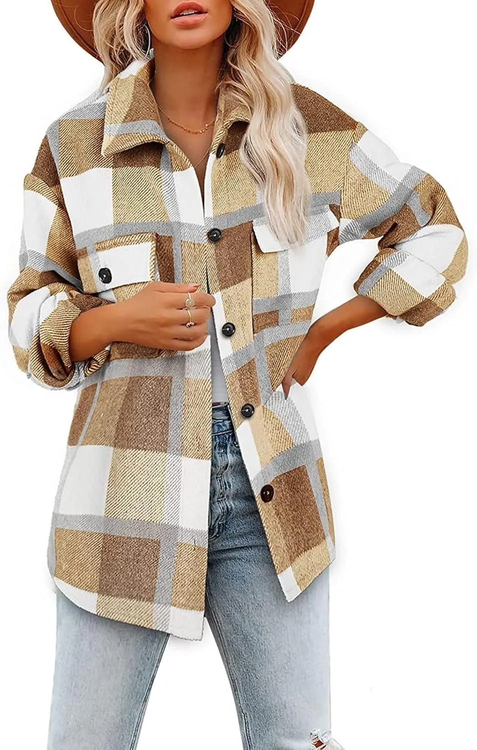 Plaid Shacket Jackets For Women Trendy 2023 Casual Oversized Flannel Shirts Long Sleeve Button Down Shirt Coats