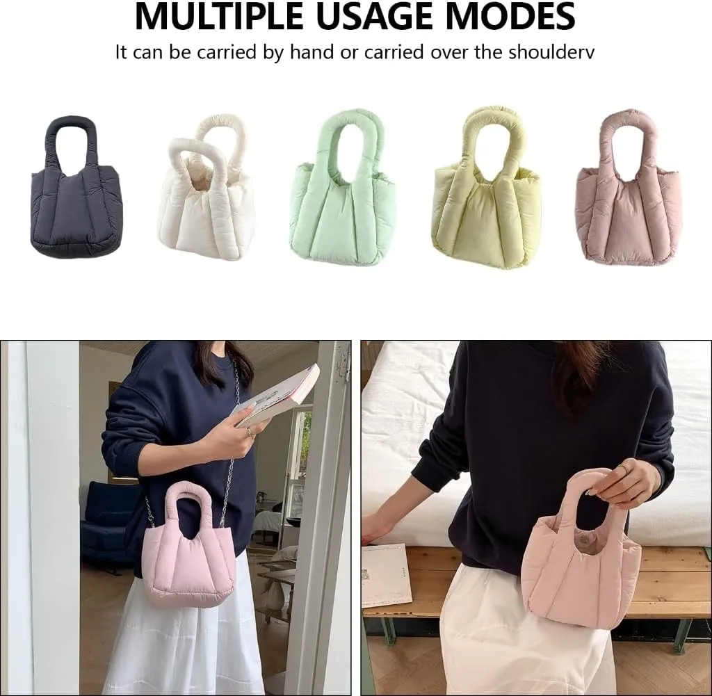 Pleated Crossbody Bag with Chain Strap for Women Fashion Solid Color Padded Quilted Top Handle Puffer Handbag Purse