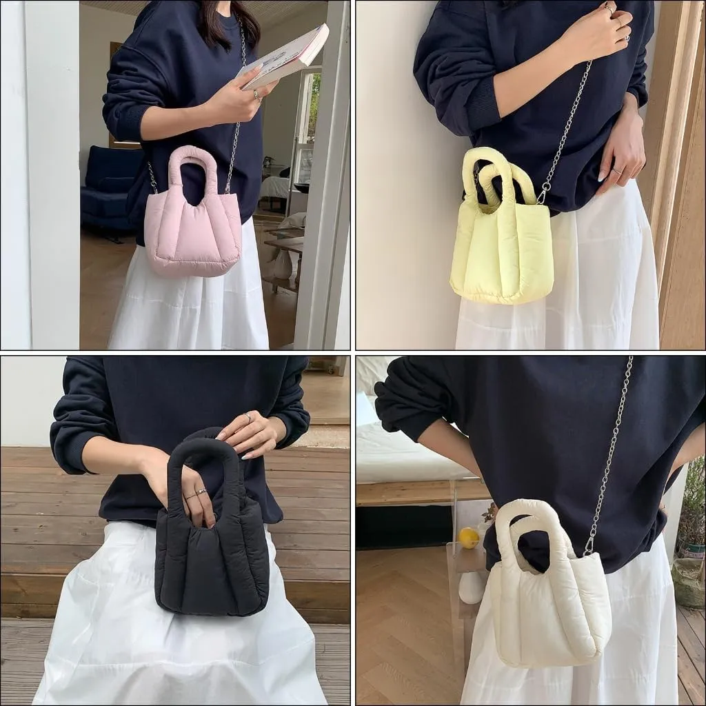 Pleated Crossbody Bag with Chain Strap for Women Fashion Solid Color Padded Quilted Top Handle Puffer Handbag Purse