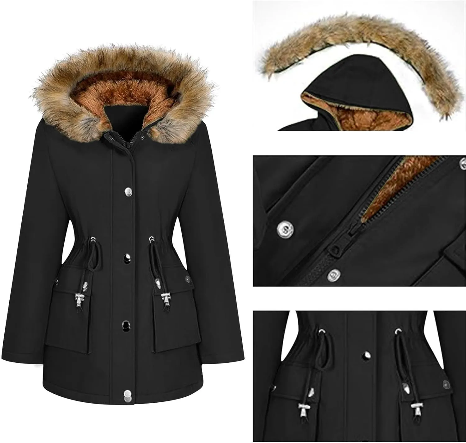 Plus Size Coats for Women with Fur Hood Waterproof Fleece Rain Jackets Drawstring Zipper Raincoats with Pockets