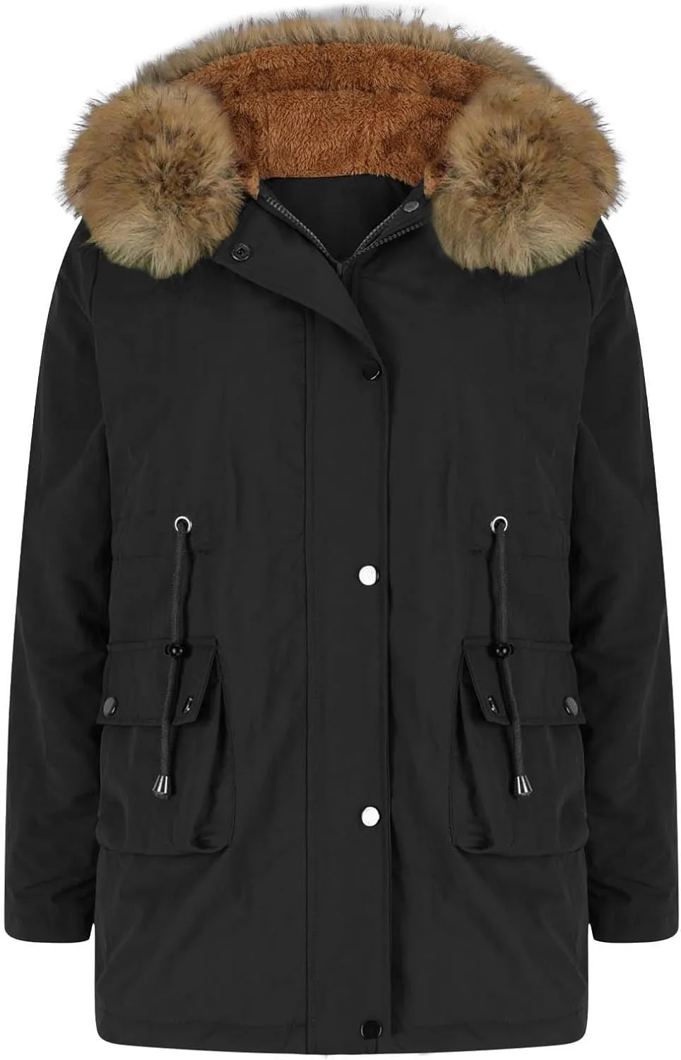 Plus Size Coats for Women with Fur Hood Waterproof Fleece Rain Jackets Drawstring Zipper Raincoats with Pockets