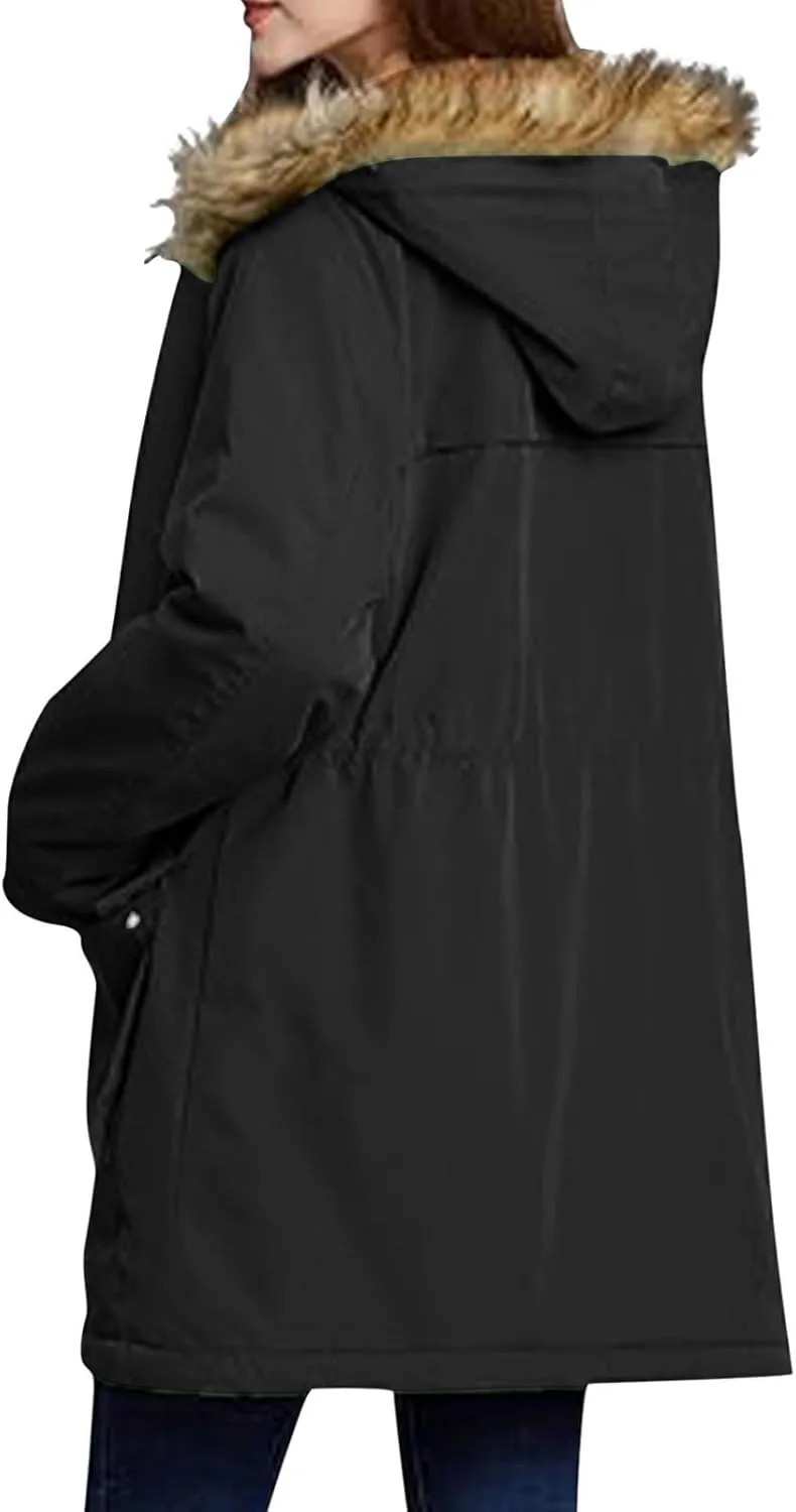 Plus Size Coats for Women with Fur Hood Waterproof Fleece Rain Jackets Drawstring Zipper Raincoats with Pockets