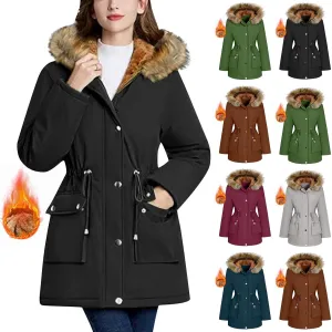 Plus Size Coats for Women with Fur Hood Waterproof Fleece Rain Jackets Drawstring Zipper Raincoats with Pockets