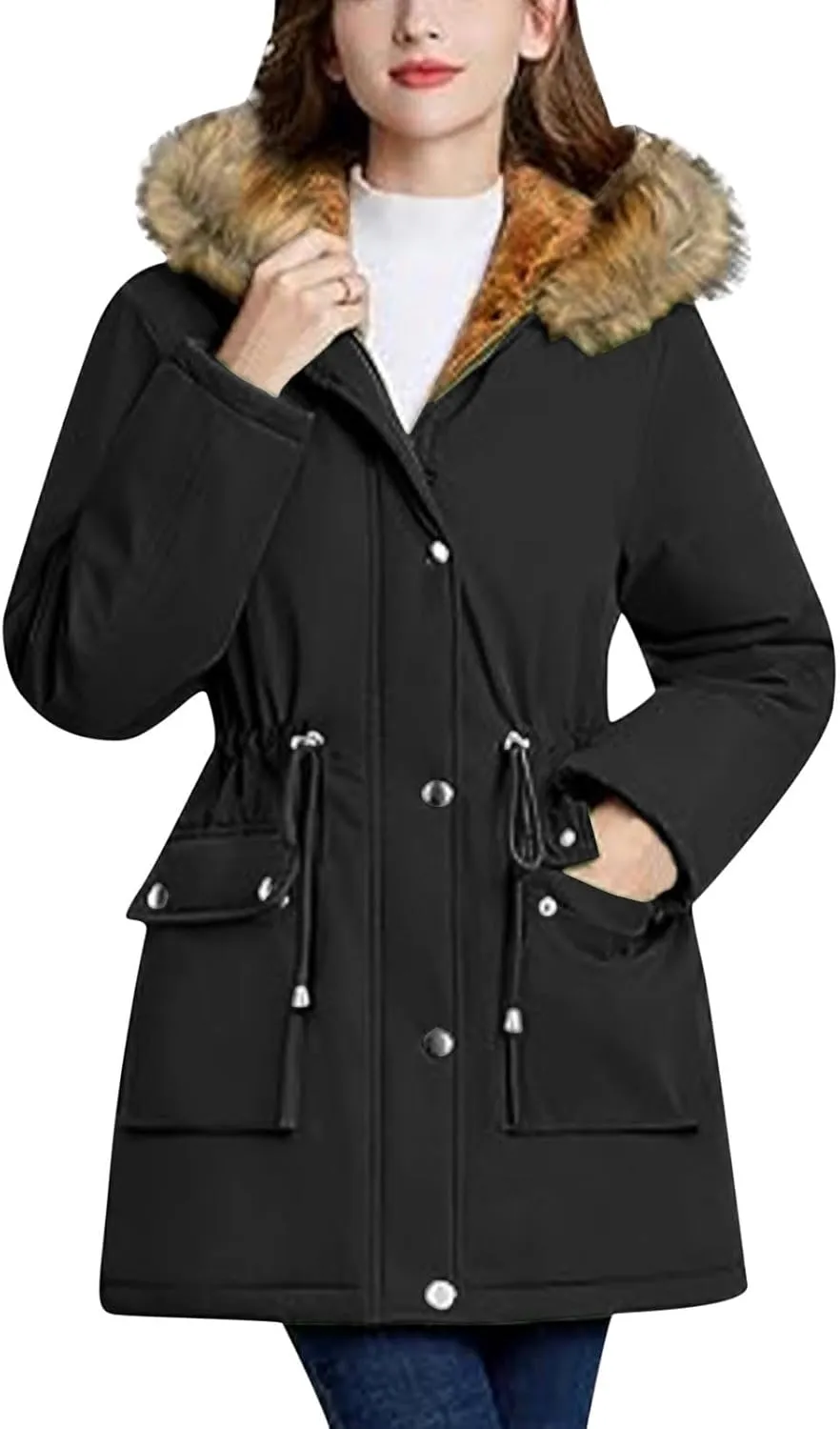 Plus Size Coats for Women with Fur Hood Waterproof Fleece Rain Jackets Drawstring Zipper Raincoats with Pockets