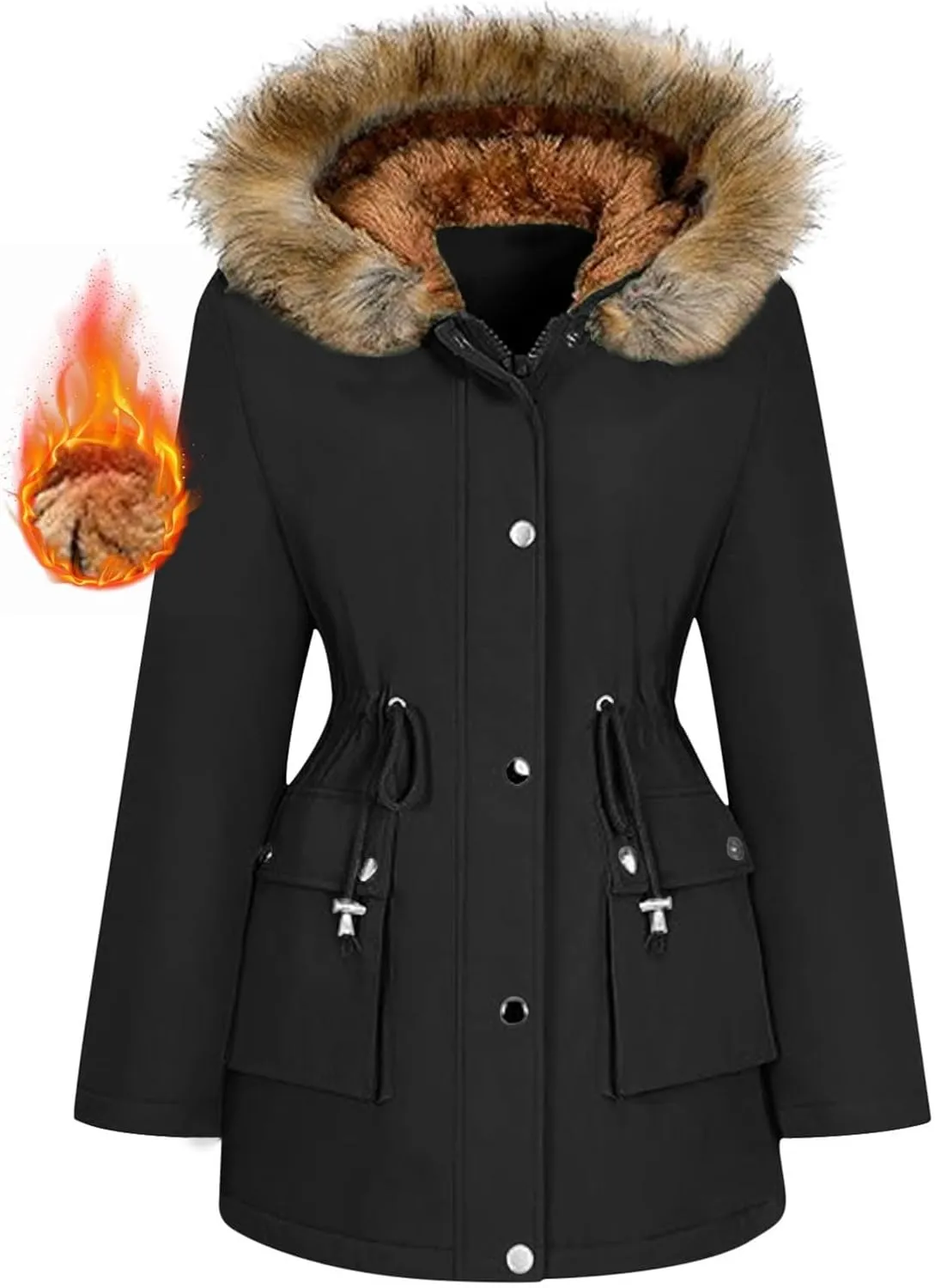 Plus Size Coats for Women with Fur Hood Waterproof Fleece Rain Jackets Drawstring Zipper Raincoats with Pockets