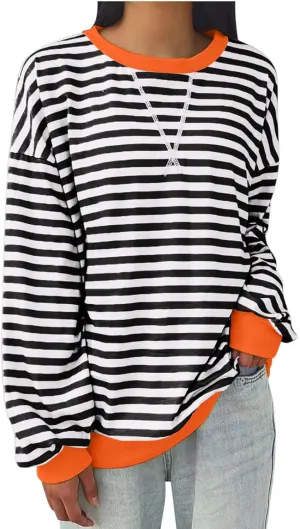 Plus Size Tops for Women 2024 Trendy Long Sleeve Striped Crewneck Sweatshirt Loose Fit Pullover Preppy Top Y2K Outfit