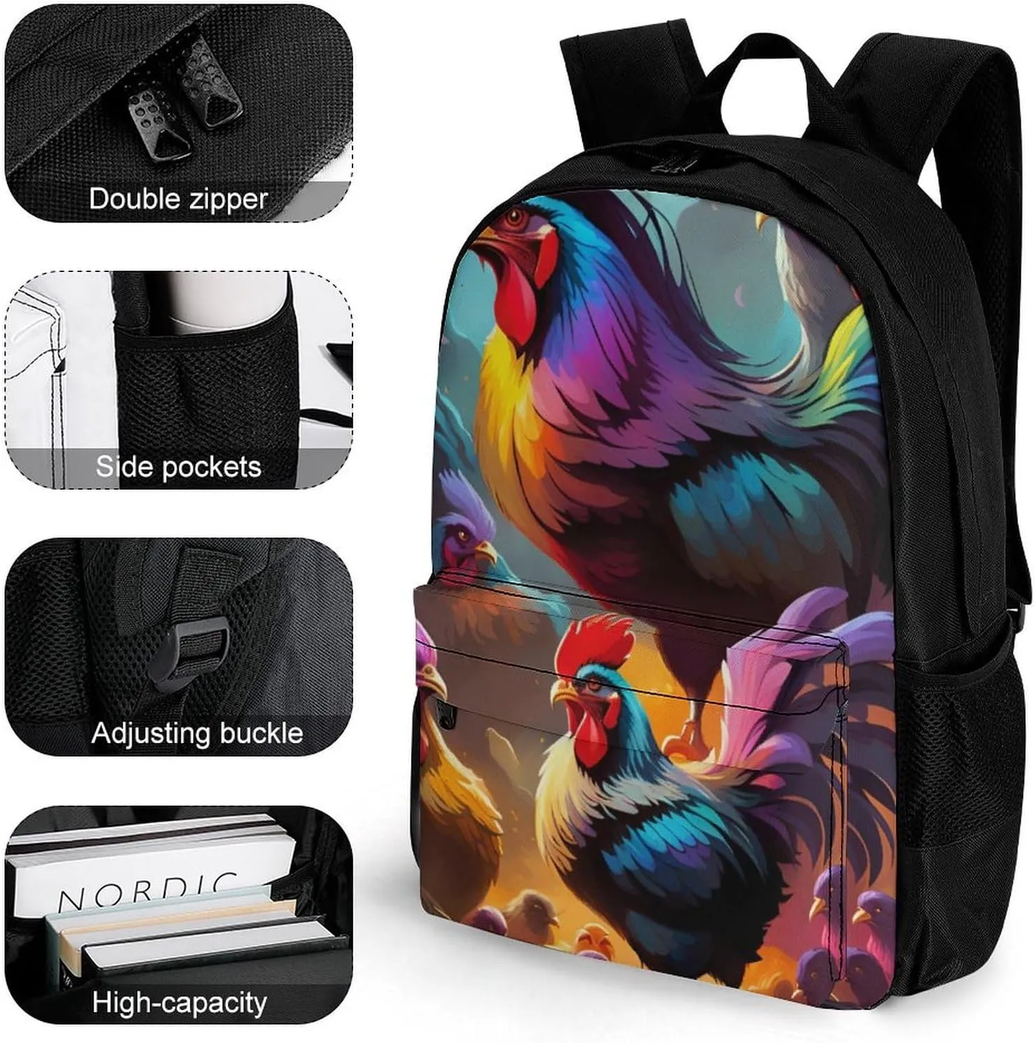 Polyester Daypack for Hiking Work Running - Big Capacity Anti-Theft Multipurpose Shoulder Bag, A Brood Of Chickens Art Travel and Sport Backpack Rucksack