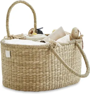 Premium Baby Diaper Caddy Organizer - Artisan-Made Seagrass Basket With Cotton Divider - Award-Winning & Luxury Diaper Caddy Basket (ROSA)