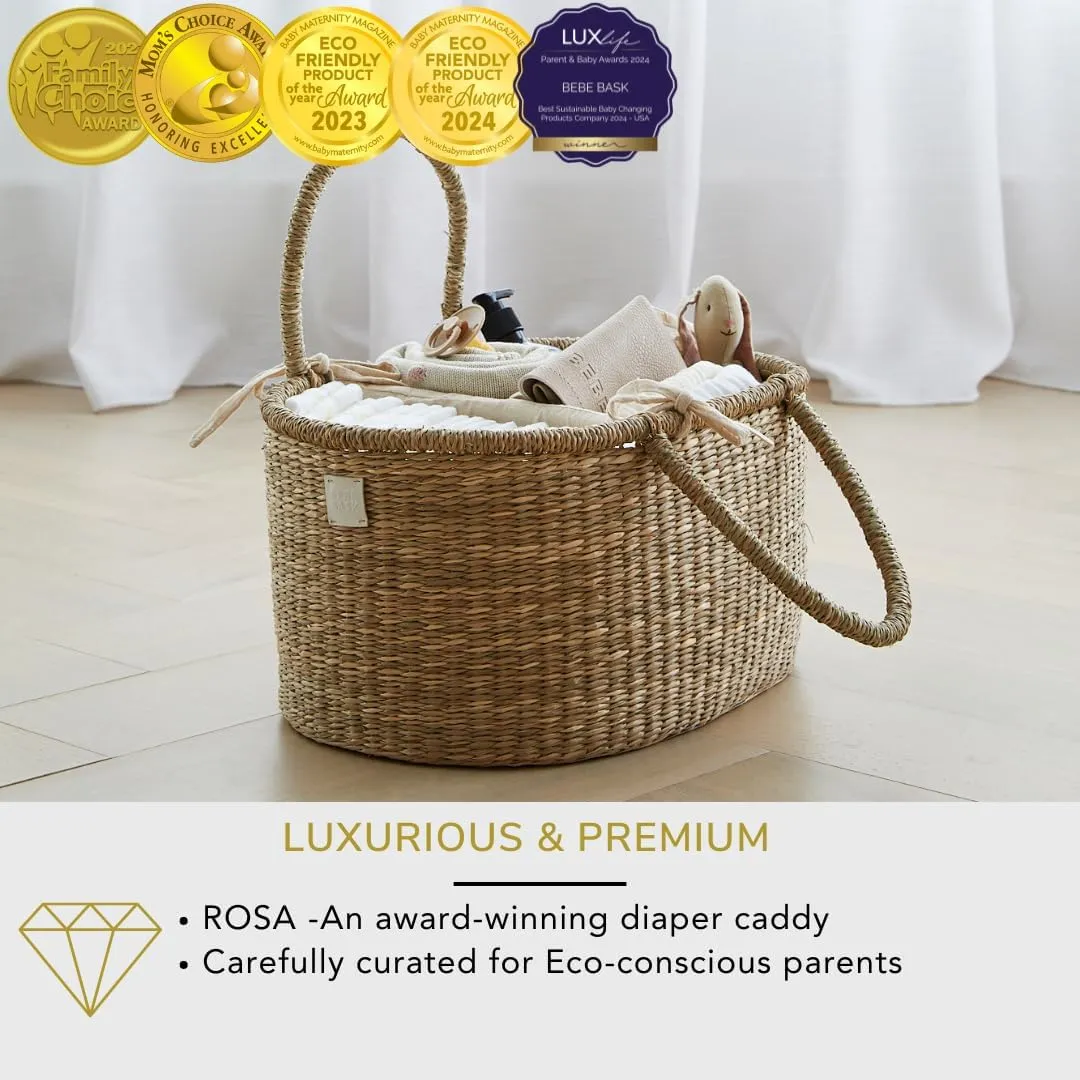 Premium Baby Diaper Caddy Organizer - Artisan-Made Seagrass Basket With Cotton Divider - Award-Winning & Luxury Diaper Caddy Basket (ROSA)