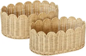Premium Scalloped Basket Set Of 2 - Scallop Basket - 16 x 10 x 7 Inch - Hand-Woven Elegant Wicker With Scalloped Edge - Nursery Storage (Natural)
