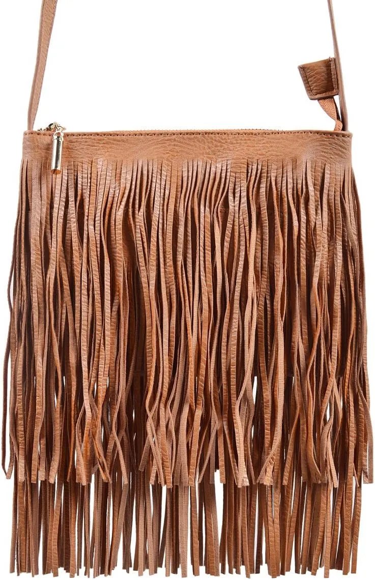 Premium Textured PU Leather Layered Fringe Tassel Crossbody Shoulder Bag