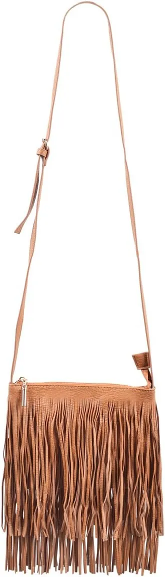 Premium Textured PU Leather Layered Fringe Tassel Crossbody Shoulder Bag