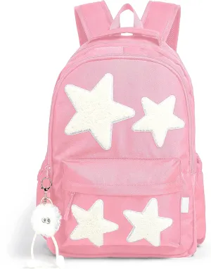 Preppy Backpack with Cute Plush Accessories Kawaii Star Bag Y2K School Bookbag Girly Soft Sweet Aesthetic Daypack for Girls Boys Kids Teen Senior (Pastel Pink)