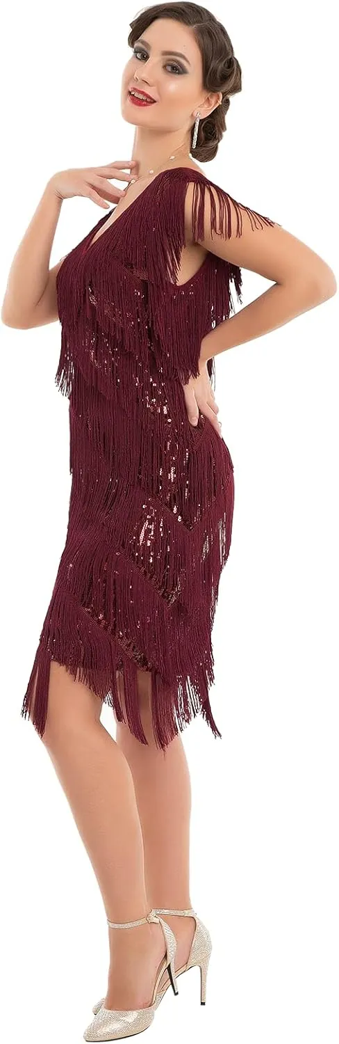 PrettyGuide Women's Flapper Dress Sequined Fringe 1920s Gatsby Party Cocktail Dresses