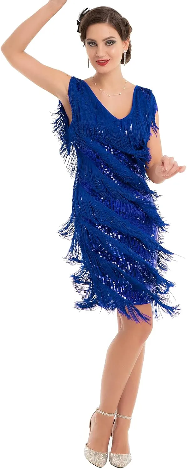 PrettyGuide Women's Flapper Dress Sequined Fringe 1920s Gatsby Party Cocktail Dresses