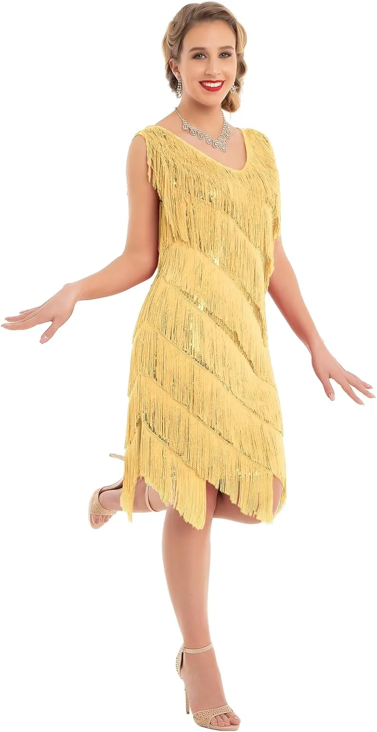PrettyGuide Women's Flapper Dress Sequined Fringe 1920s Gatsby Party Cocktail Dresses