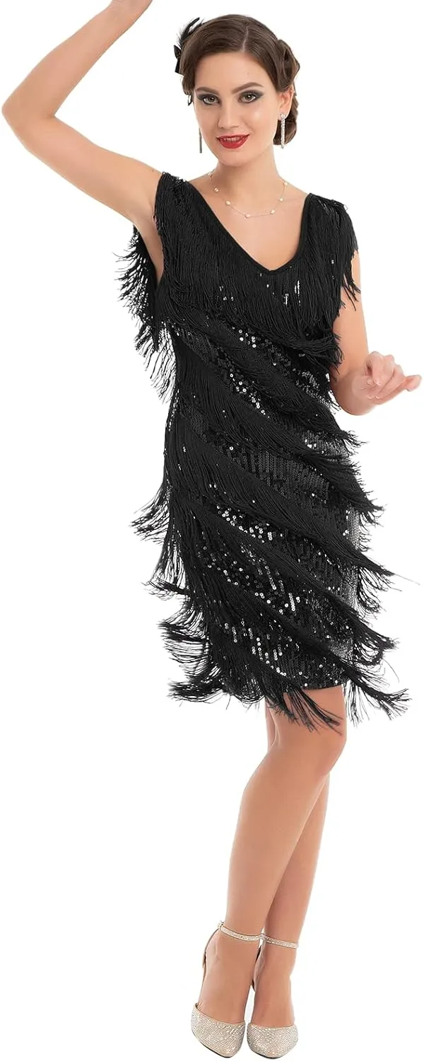 PrettyGuide Women's Flapper Dress Sequined Fringe 1920s Gatsby Party Cocktail Dresses