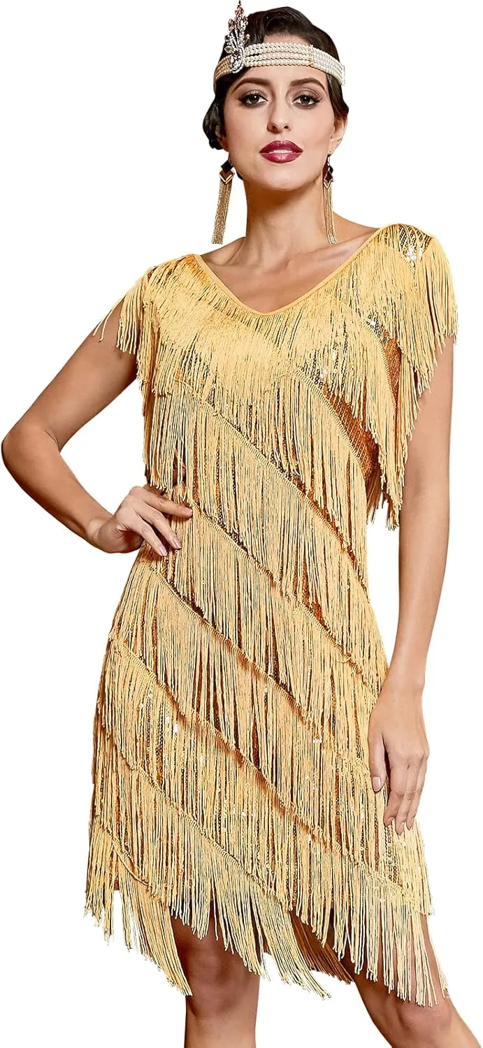 PrettyGuide Women's Flapper Dress Sequined Fringe 1920s Gatsby Party Cocktail Dresses