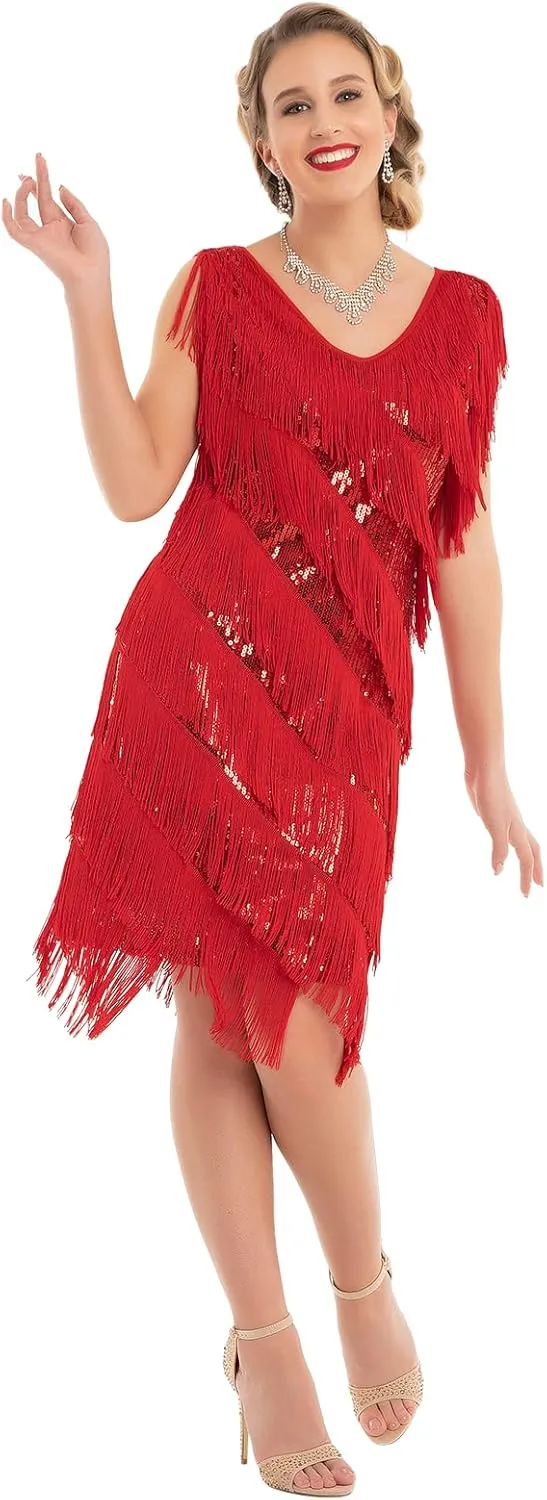 PrettyGuide Women's Flapper Dress Sequined Fringe 1920s Gatsby Party Cocktail Dresses