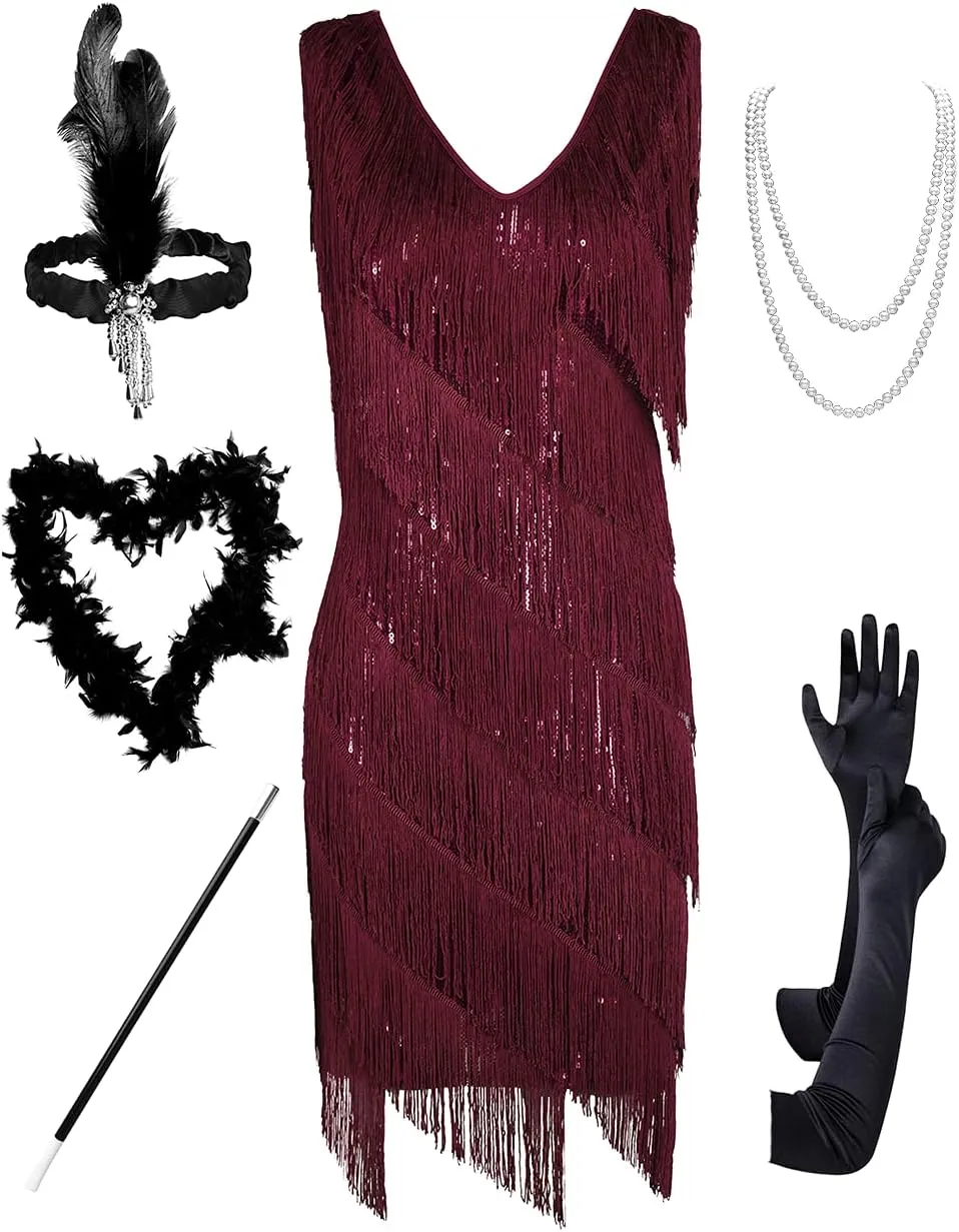 PrettyGuide Women's Flapper Dress Sequined Fringe 1920s Gatsby Party Cocktail Dresses