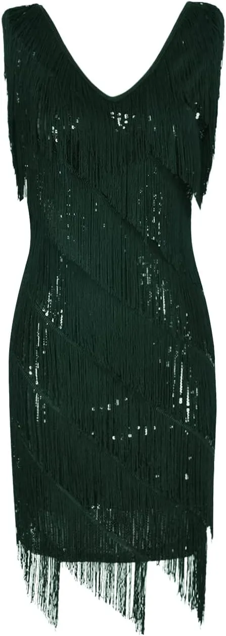 PrettyGuide Women's Flapper Dress Sequined Fringe 1920s Gatsby Party Cocktail Dresses