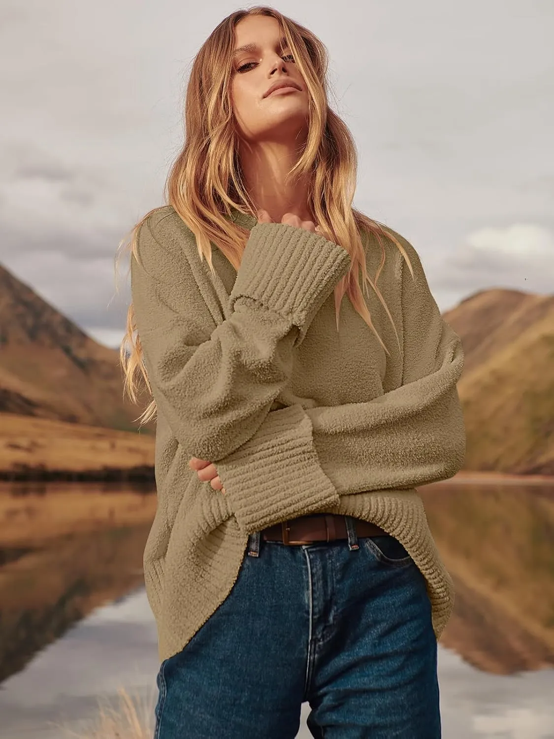 Prinbara Womens Oversized Sweater Crewneck Long Sleeve Fuzzy Knit Chunky Warm Pullover Sweaters Top 2024 Winter Trendy Outfit