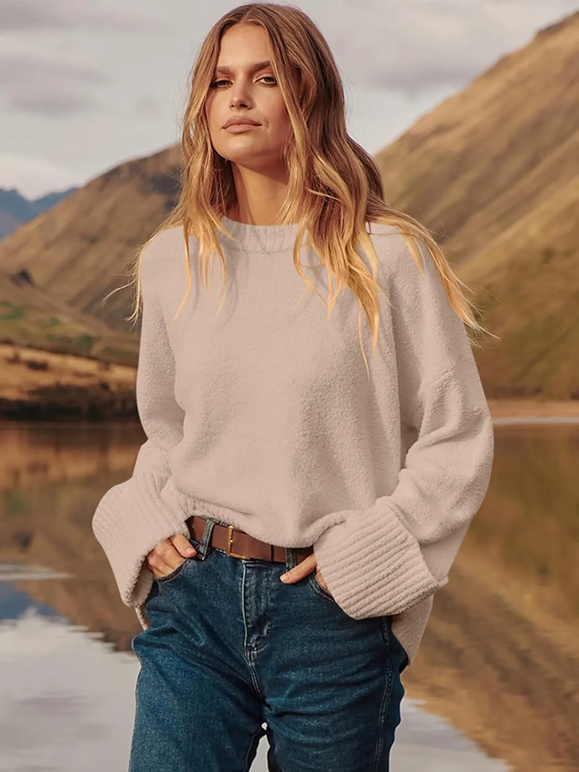 Prinbara Womens Oversized Sweater Crewneck Long Sleeve Fuzzy Knit Chunky Warm Pullover Sweaters Top 2024 Winter Trendy Outfit