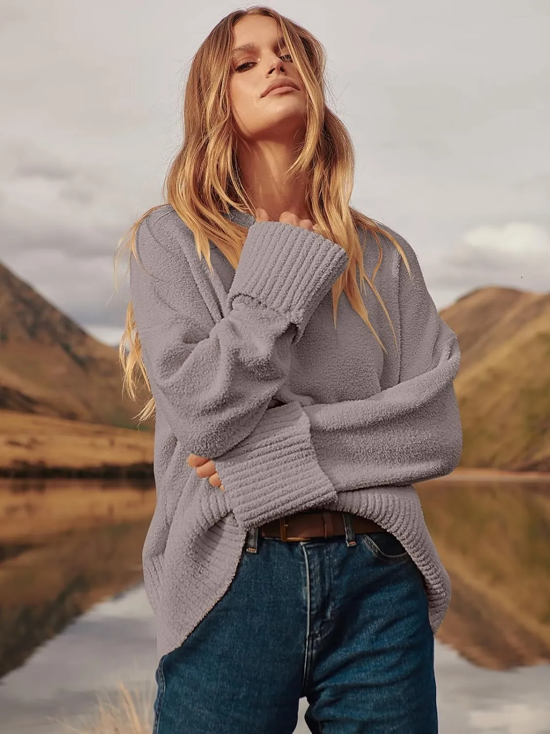 Prinbara Womens Oversized Sweater Crewneck Long Sleeve Fuzzy Knit Chunky Warm Pullover Sweaters Top 2024 Winter Trendy Outfit