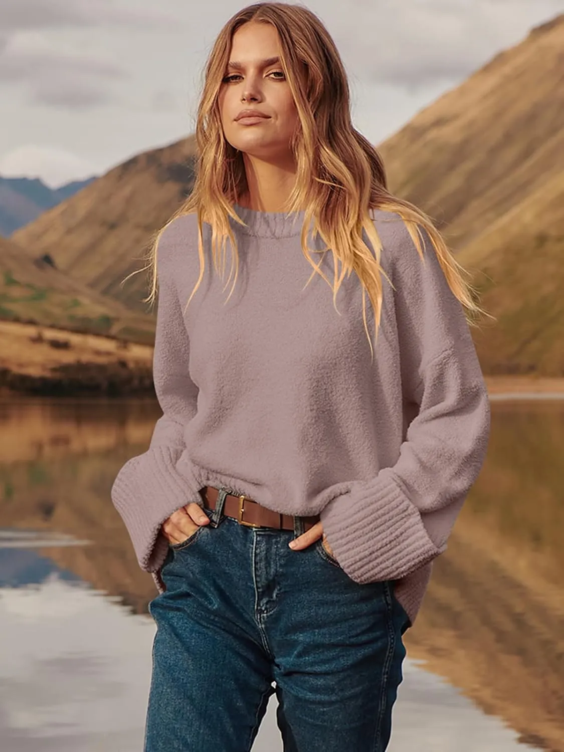 Prinbara Womens Oversized Sweater Crewneck Long Sleeve Fuzzy Knit Chunky Warm Pullover Sweaters Top 2024 Winter Trendy Outfit