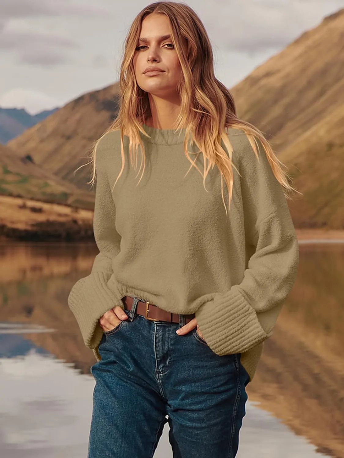 Prinbara Womens Oversized Sweater Crewneck Long Sleeve Fuzzy Knit Chunky Warm Pullover Sweaters Top 2024 Winter Trendy Outfit
