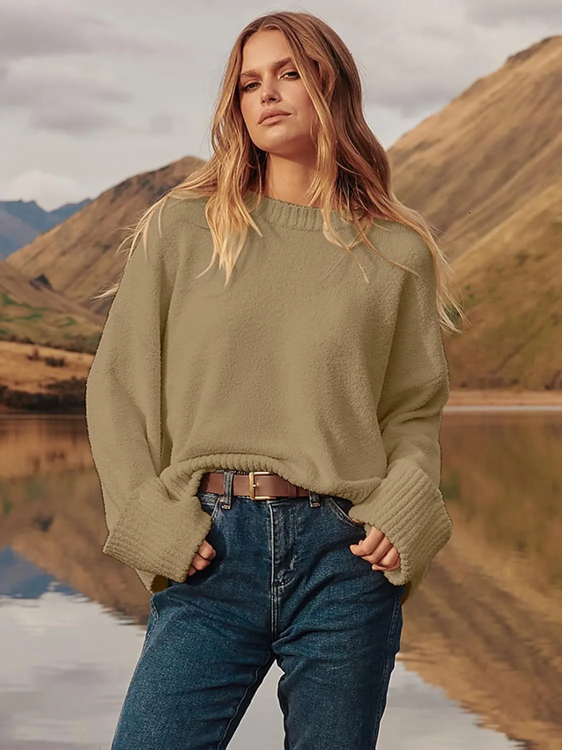 Prinbara Womens Oversized Sweater Crewneck Long Sleeve Fuzzy Knit Chunky Warm Pullover Sweaters Top 2024 Winter Trendy Outfit