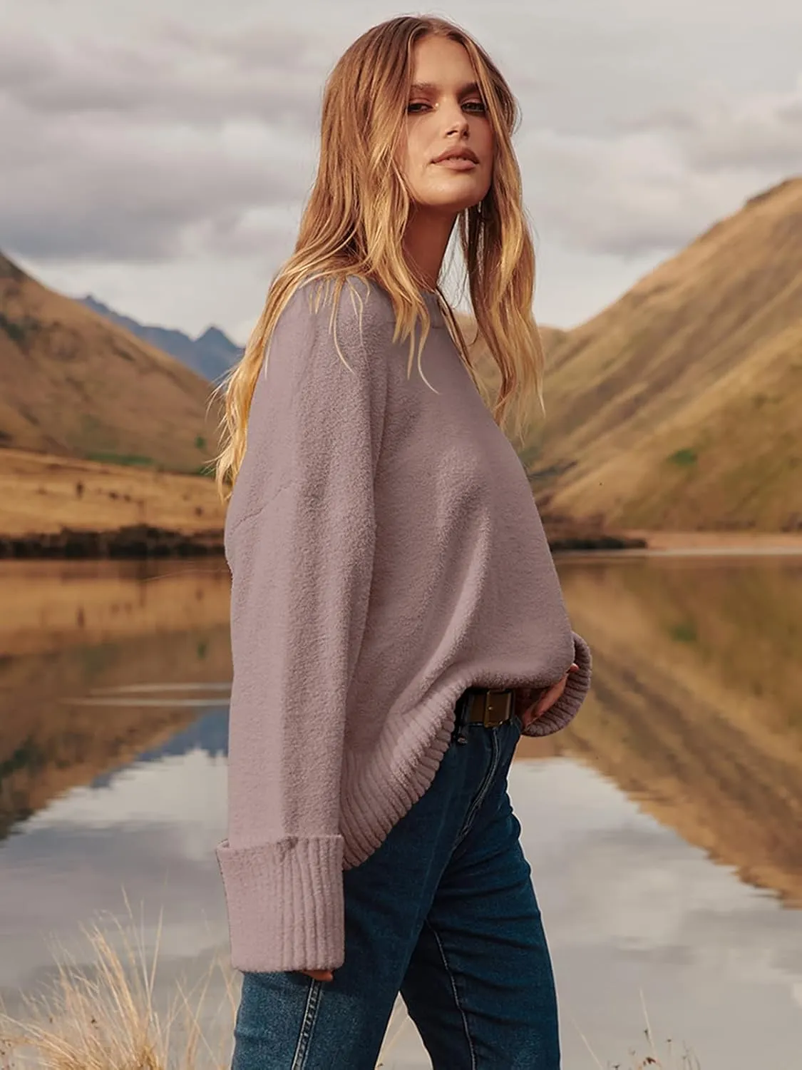 Prinbara Womens Oversized Sweater Crewneck Long Sleeve Fuzzy Knit Chunky Warm Pullover Sweaters Top 2024 Winter Trendy Outfit