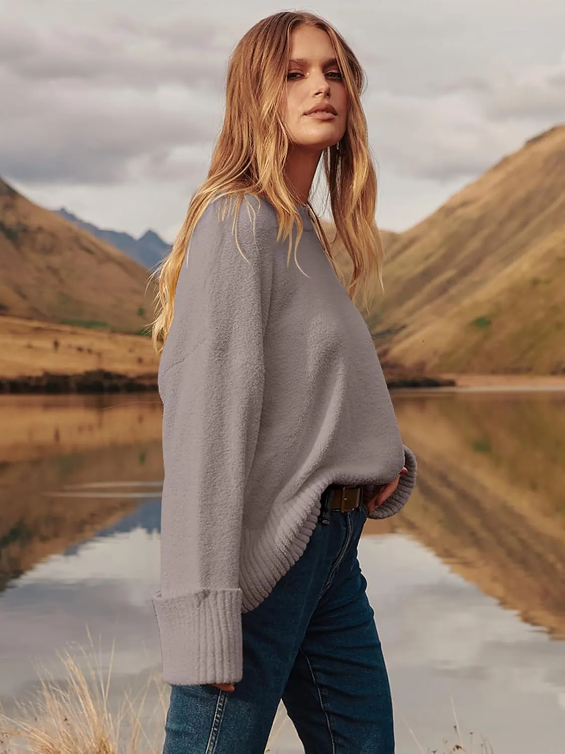 Prinbara Womens Oversized Sweater Crewneck Long Sleeve Fuzzy Knit Chunky Warm Pullover Sweaters Top 2024 Winter Trendy Outfit