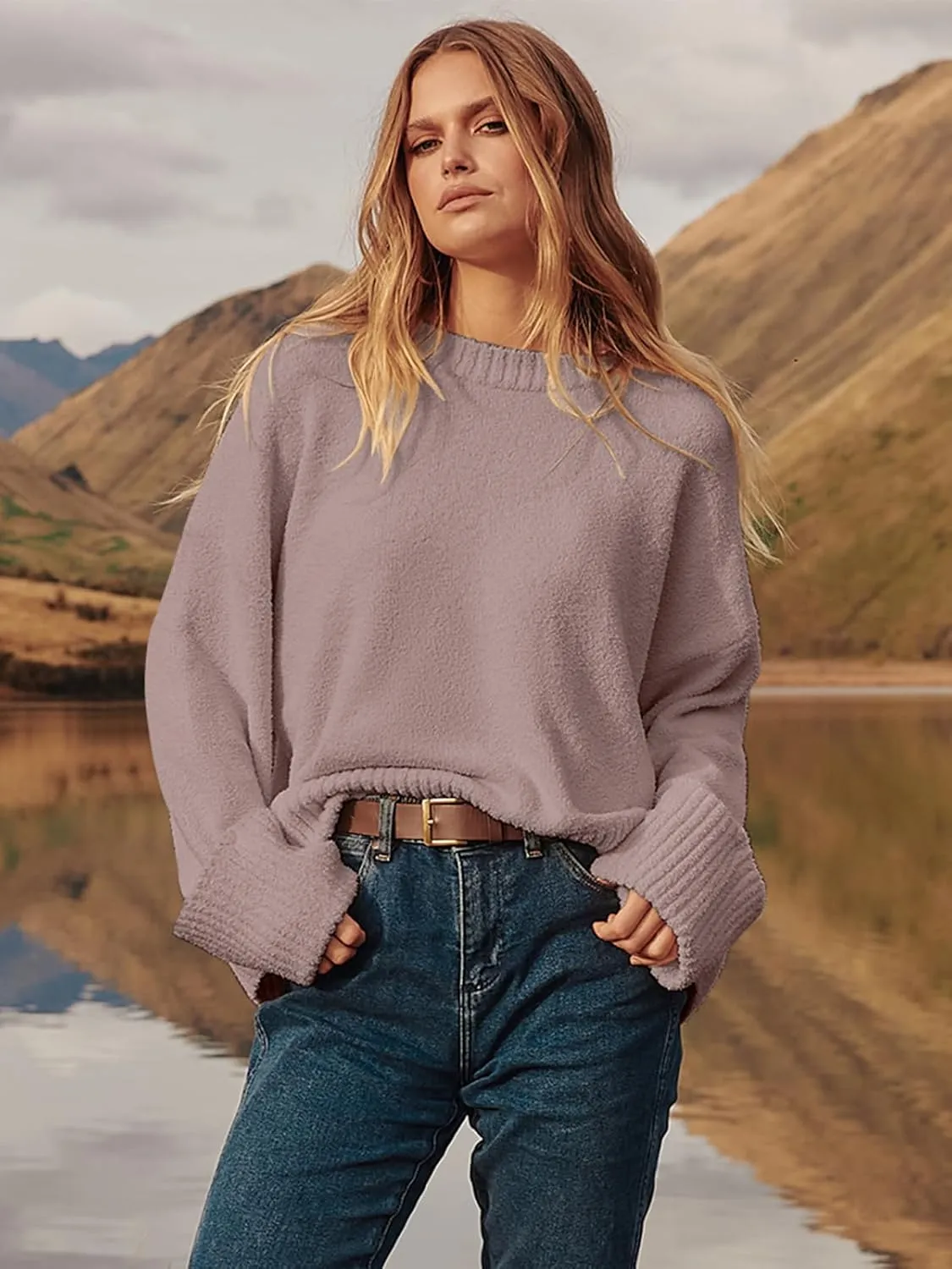 Prinbara Womens Oversized Sweater Crewneck Long Sleeve Fuzzy Knit Chunky Warm Pullover Sweaters Top 2024 Winter Trendy Outfit
