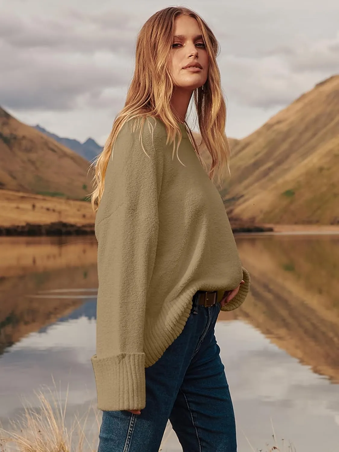 Prinbara Womens Oversized Sweater Crewneck Long Sleeve Fuzzy Knit Chunky Warm Pullover Sweaters Top 2024 Winter Trendy Outfit
