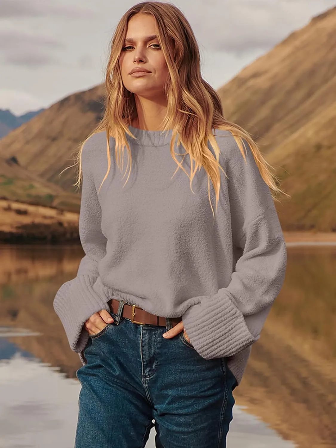 Prinbara Womens Oversized Sweater Crewneck Long Sleeve Fuzzy Knit Chunky Warm Pullover Sweaters Top 2024 Winter Trendy Outfit