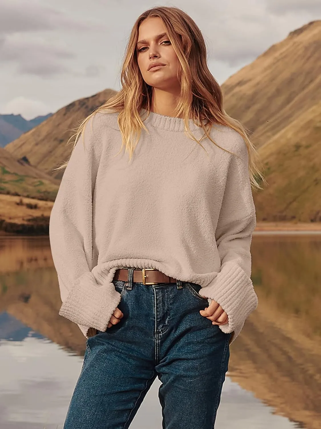 Prinbara Womens Oversized Sweater Crewneck Long Sleeve Fuzzy Knit Chunky Warm Pullover Sweaters Top 2024 Winter Trendy Outfit