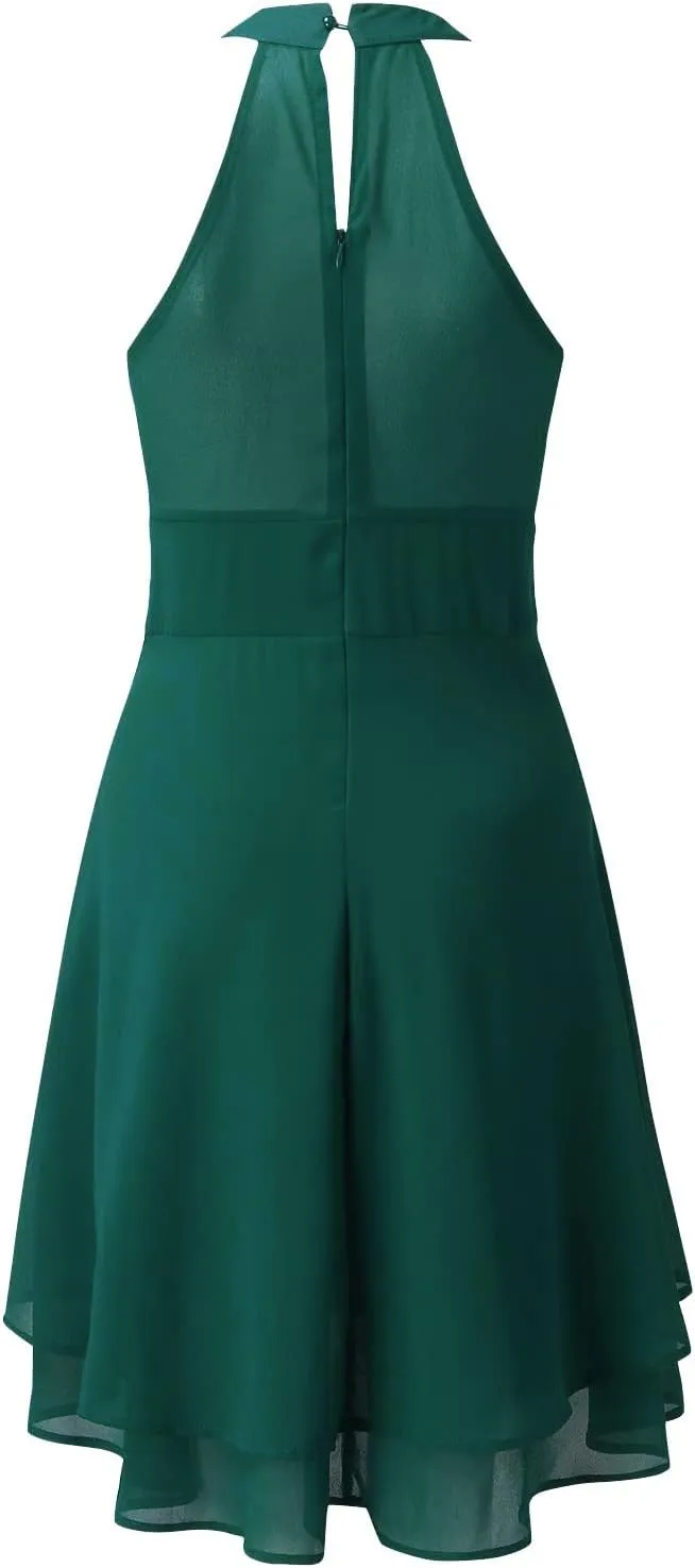PTOLOCIF Womens Summer Casual Solid Halter Neck Button Chiffon Splice A Line House Dresses for Women with Pockets