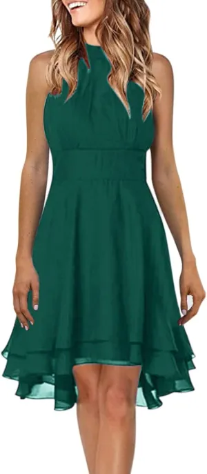 PTOLOCIF Womens Summer Casual Solid Halter Neck Button Chiffon Splice A Line House Dresses for Women with Pockets