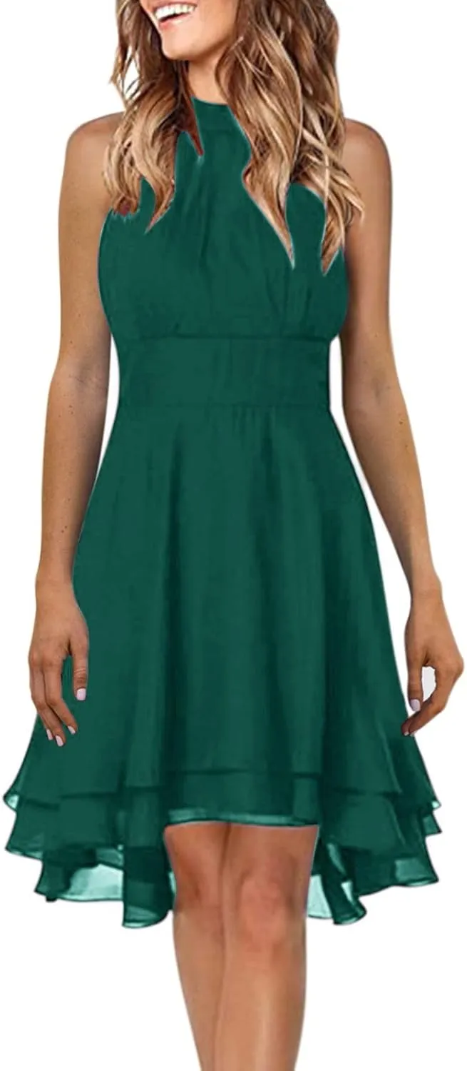 PTOLOCIF Womens Summer Casual Solid Halter Neck Button Chiffon Splice A Line House Dresses for Women with Pockets