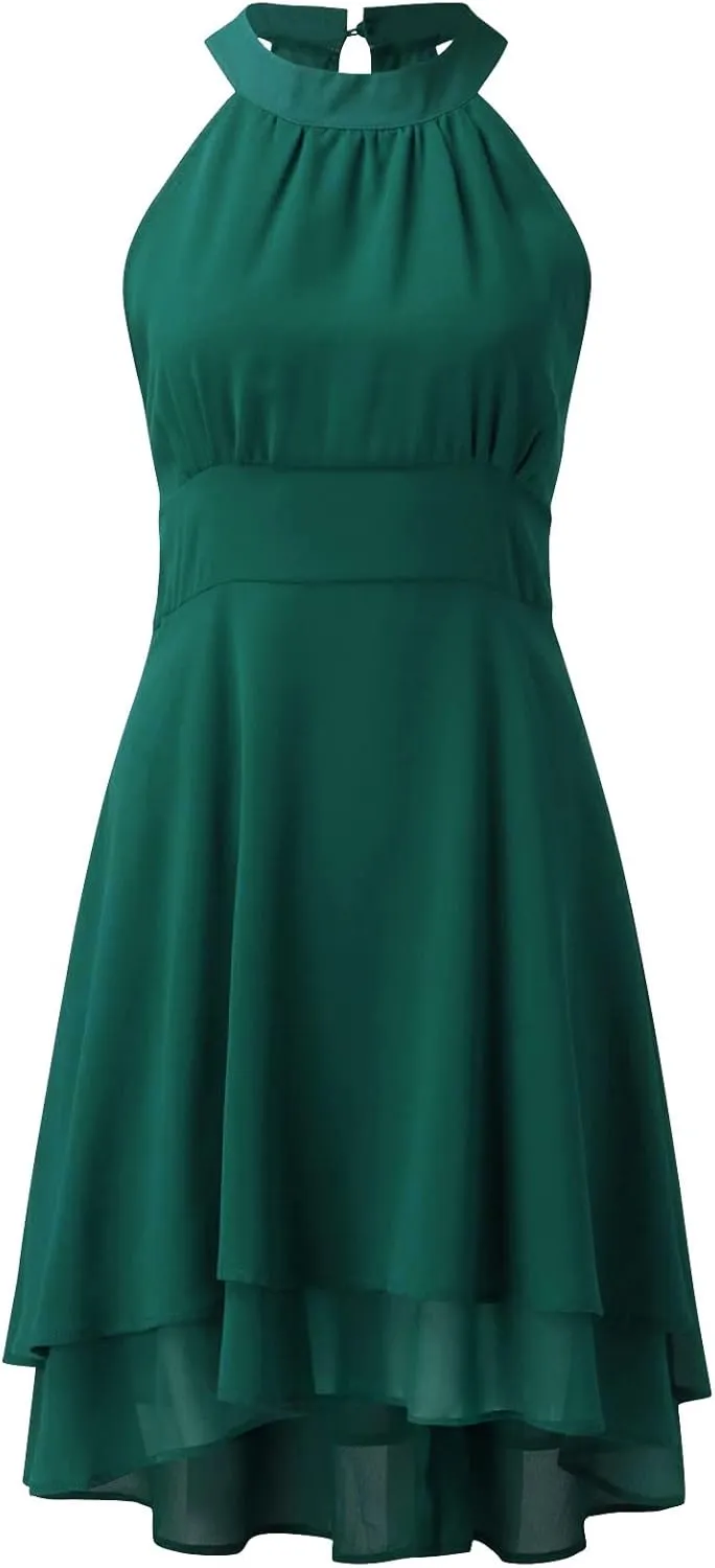 PTOLOCIF Womens Summer Casual Solid Halter Neck Button Chiffon Splice A Line House Dresses for Women with Pockets