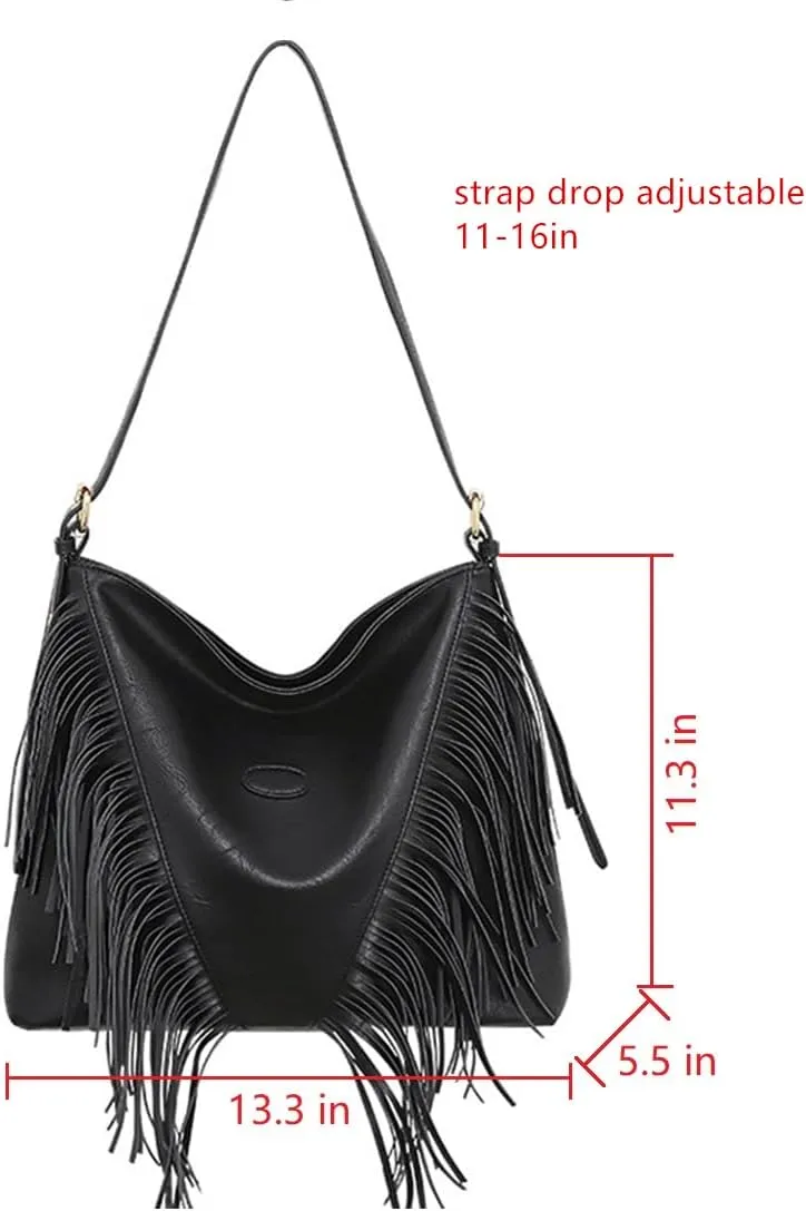 PU Leather Fringe Hobo Bag Large Studded Handbag Crossbody Bag for Women